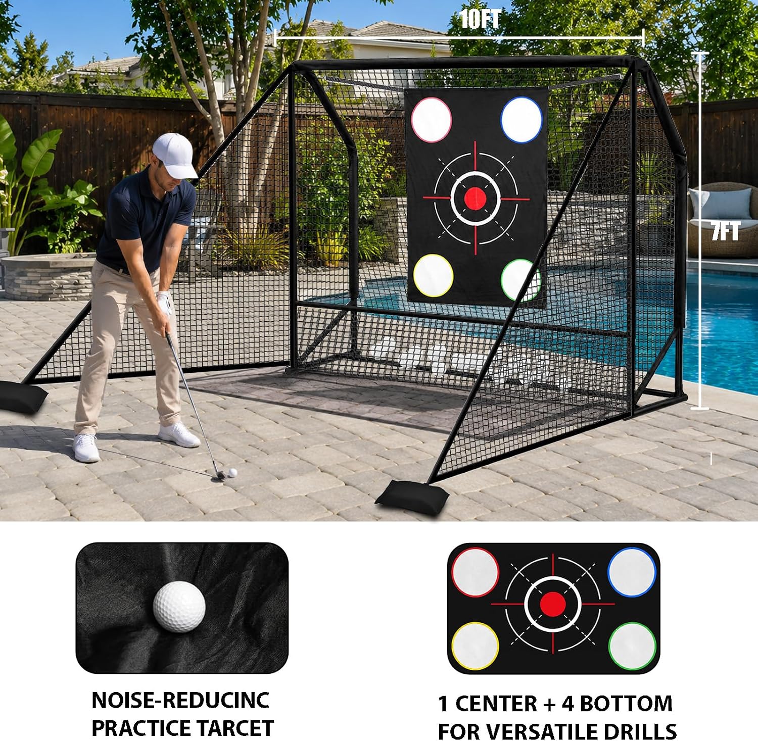 Golf Practice Hitting Net 10x7ft, Heavy-Duty Steel Frame Golf Net with Target Cloth & Carry Bag for Backyard, Garage, Indoor & Outdoor Driving Chipping Practice 10x7Ft with Side Net