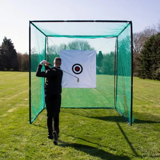 Golf Practice Cage 10ft 5 Hole Target Sheet 3m x 2m Driving Range High Impact 25mm Mesh Hitting Swing Training Equipment Outdoor Freestanding Steel Frame Bullseye Target Artificial Grass Mat & 6cm Tee Golf Cage