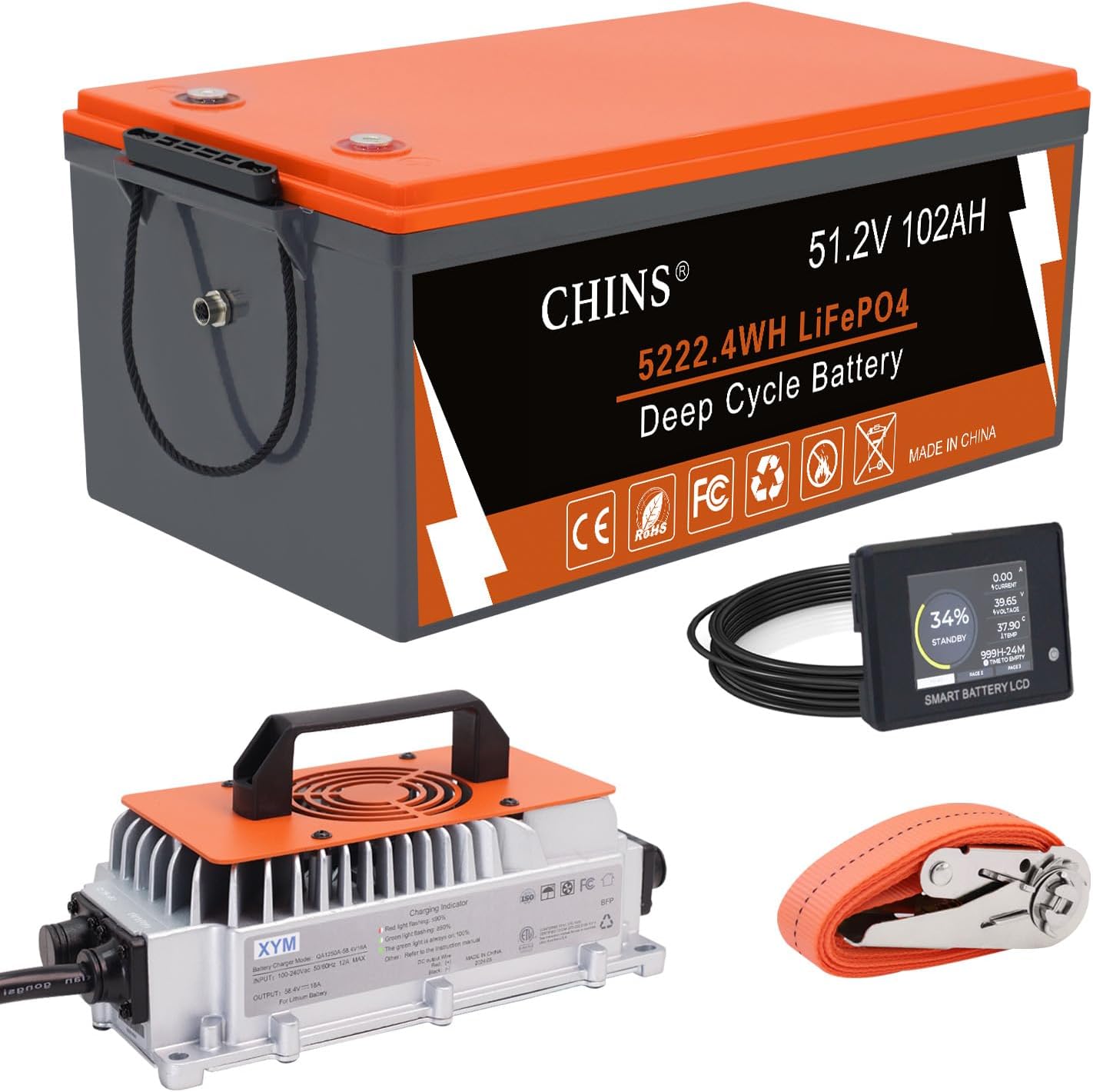 48V Lithium Golf Cart Battery Conversion Kit, 200A BMS(1000A Peak Current), with Touch Monitor and Retention Strap, 4000+ Cycles 48V Lithium Battery with Charger Perfect for Golf Carts(102AH)