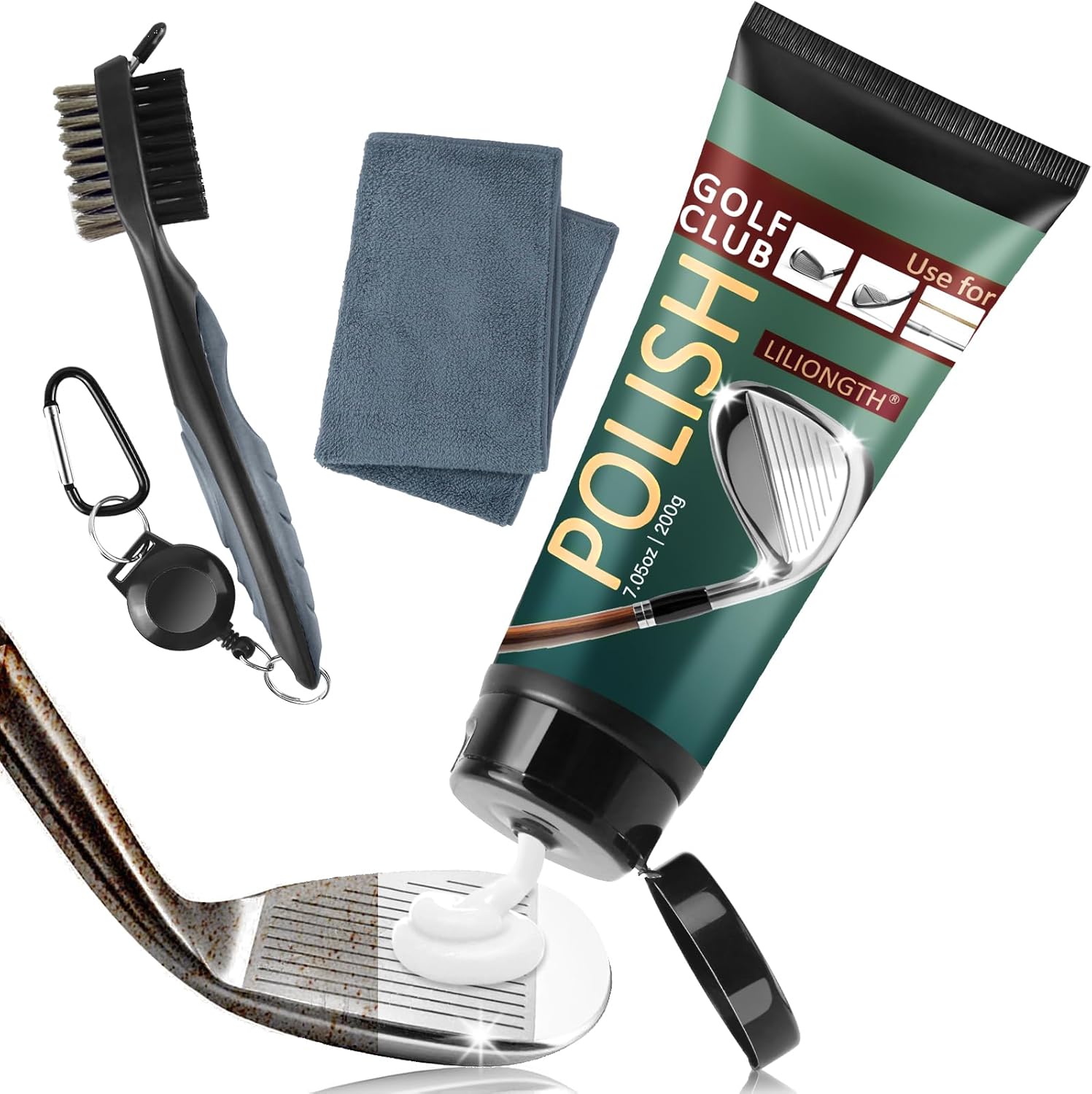 Golf Club Cleaning Kit 3-in-1 with Golf Club Cleaner Brush, Towel and 200g Golf Club Polish - Golf Club Care Kit for Instant Groove Rust & Scratch Remover - Golf Accessories for Men