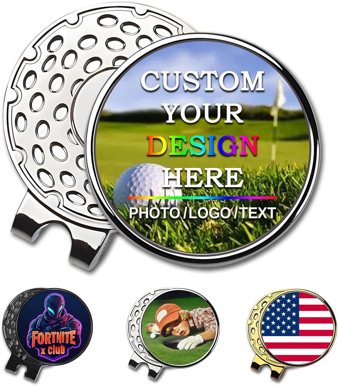 Custom Golf Ball Markers with Magnetic Hat Clip - Personalized Ball Marker Hat Clip with 1" Diameter Ball Marker Customized with Your Photo Logo Text Name