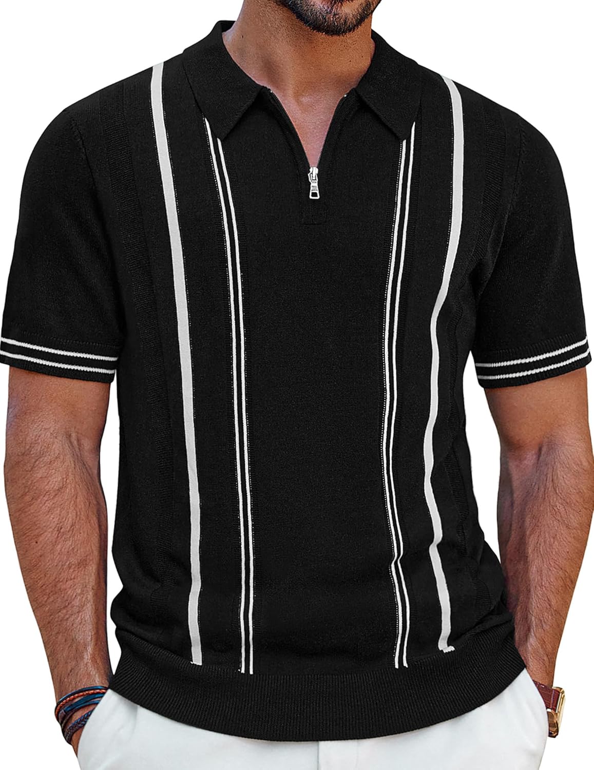 Mens Polo Shirts Quarter Zip Knit Shirt Vintage Short Sleeve Summer Shirt