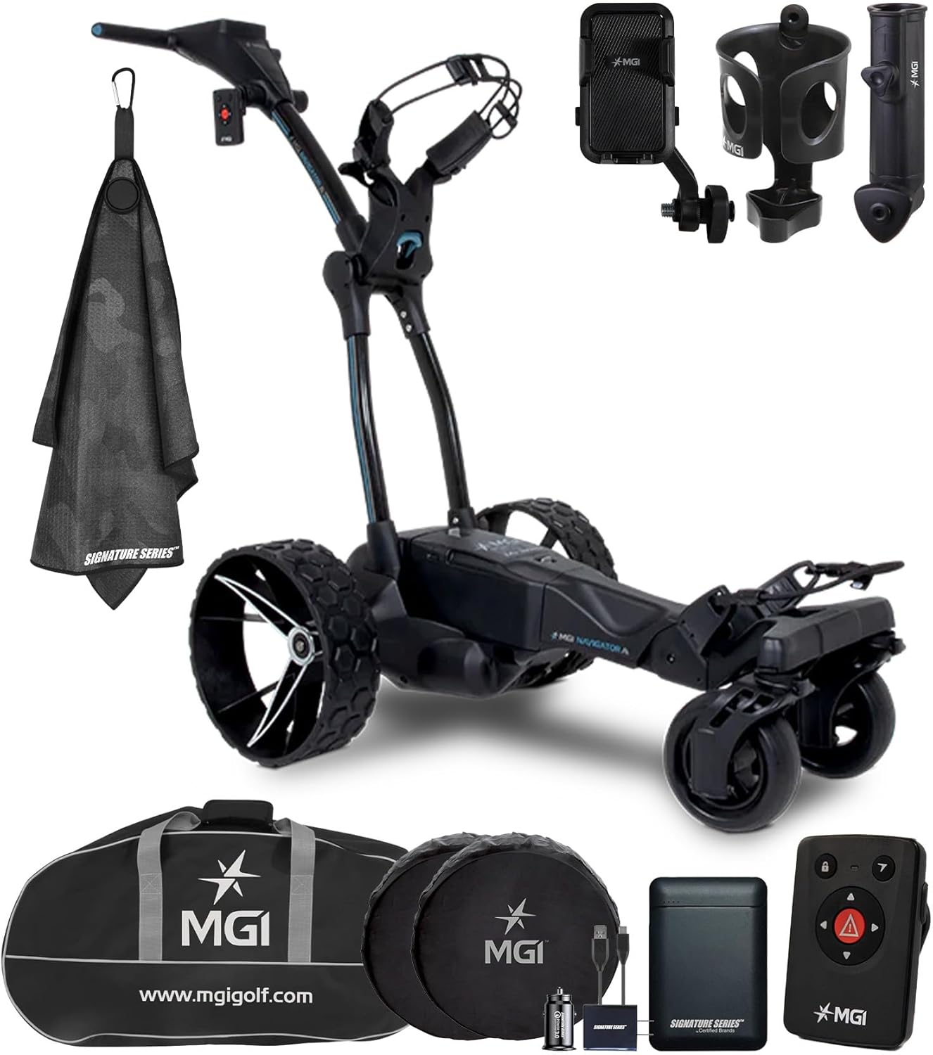 MGI Navigator Ai GPS+ Remote Controlled Electric Motorized Push Cart Golf Caddie with Travel Bag - Drink, Phone, and Umbrella Holders - 40,000 Courses - Signature Series Golf Towel