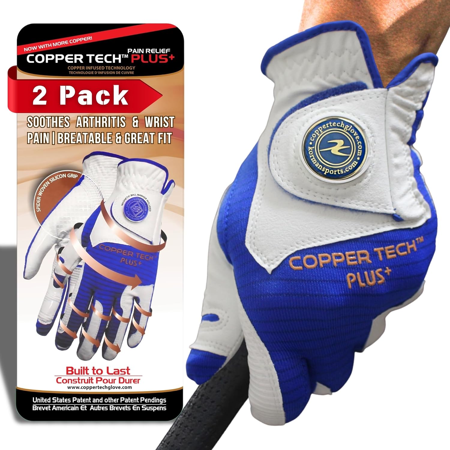 Men's Golf Gloves 2 Pieces Pack White/Royal Blue ONE Size FIT Most(Left of Right and Sm, Med to Lg, XLG)