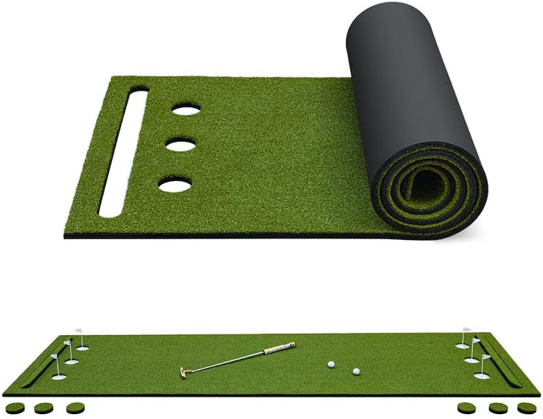 Premium Alternating Golf Putting Green (About 11’x3’) Ambidextrous Real Feel Artificial Grass Synthetic Turf Practice Golf Mat with Bumpers, Hole Covers, and Shallow Golf Cups with Flags.