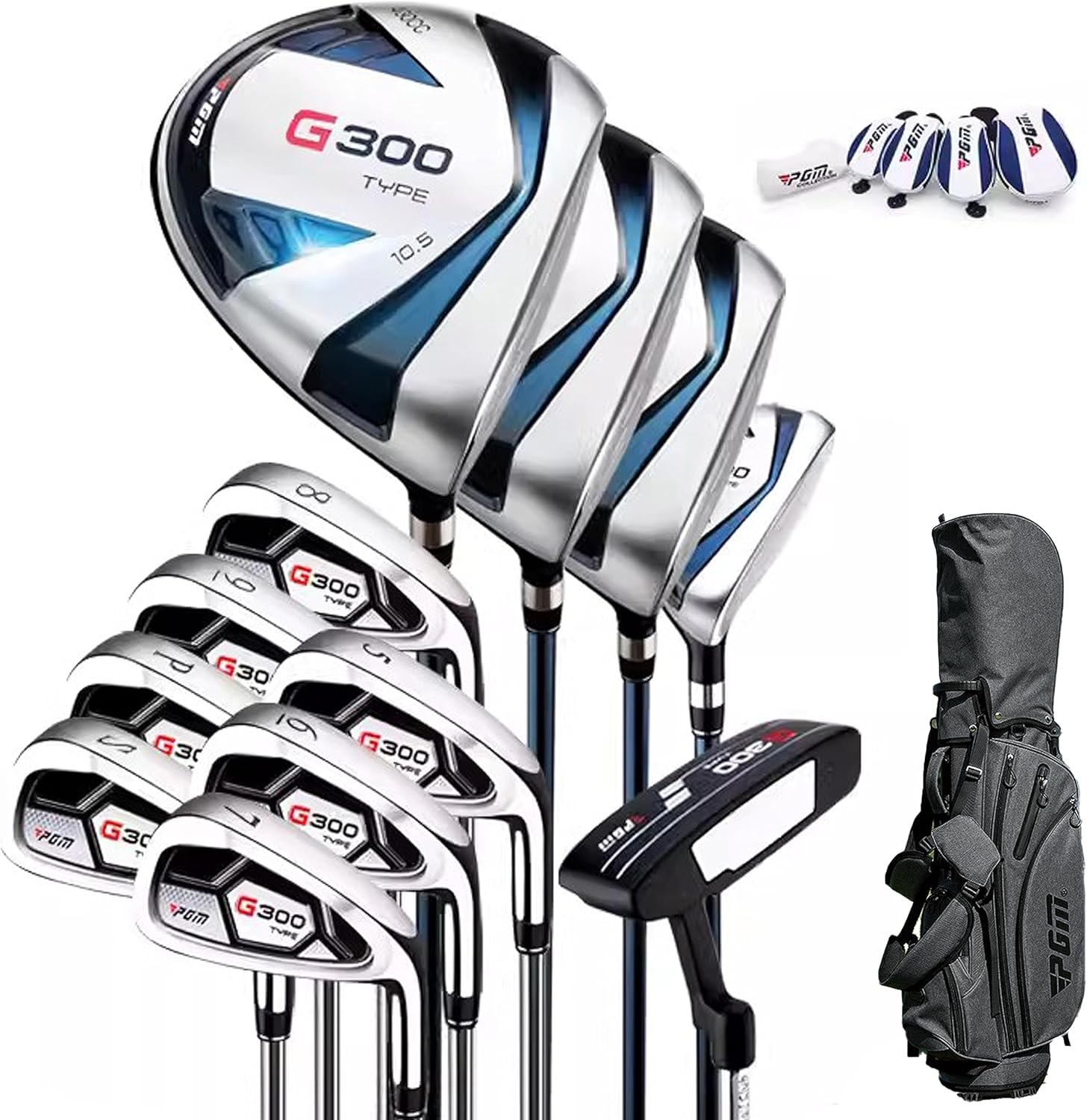 Ensemble complet de clubs de golf pour homme - 12 pièces - 3 bois (#1,3,5), 1 hybride (#4H), 6 fers (#5,6,7,8,9,PW), 1 cale sable (55°), 1 putter - Sac de support de golf - Tête de club en titane
