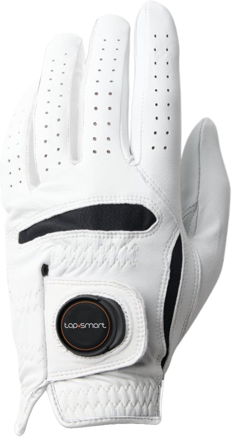 TapSmart Golf Glove, Premium Leather, White with Black Accent, Smart NFC Technology, Left Hand Left Large