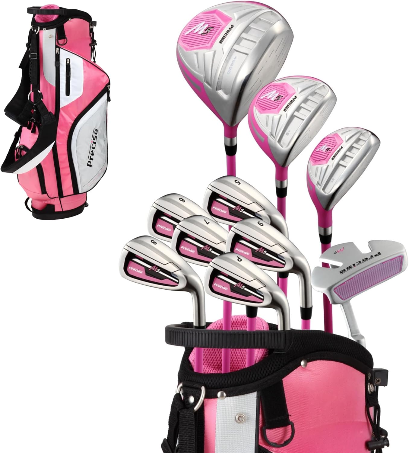 M5 Womens Golf Clubs Full Set, Titanium Driver, S.S - Fairway, S.S - Hybrid, S.S - 5-PW Irons, Putter, Stand Bag, 3 H/C's, Golf Clubs Women Right Handed, Pink Right Hand Tall Size Pink