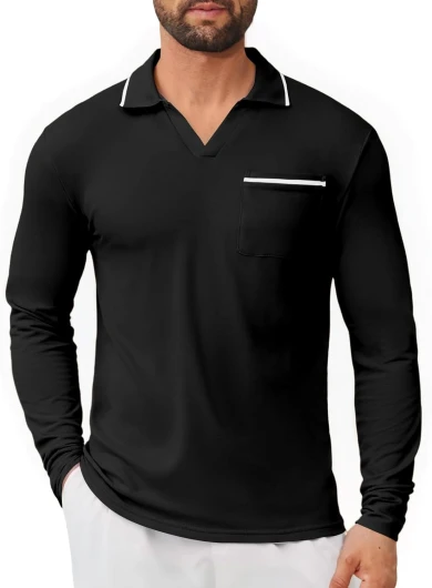 Mens Polo Shirts Long Sleeve Lightweight Casual Collared Polo Shirt Vintage Golf T Shirts Old Money Tops with Pocket Large Black