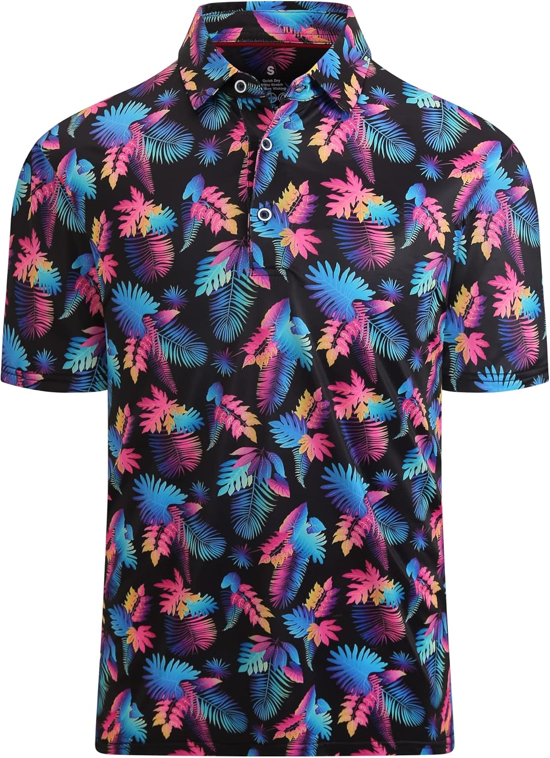 Mens Golf Shirt Moisture Wicking Quick-Dry Print Performance Polo Shirts for Men Black Leaf Large