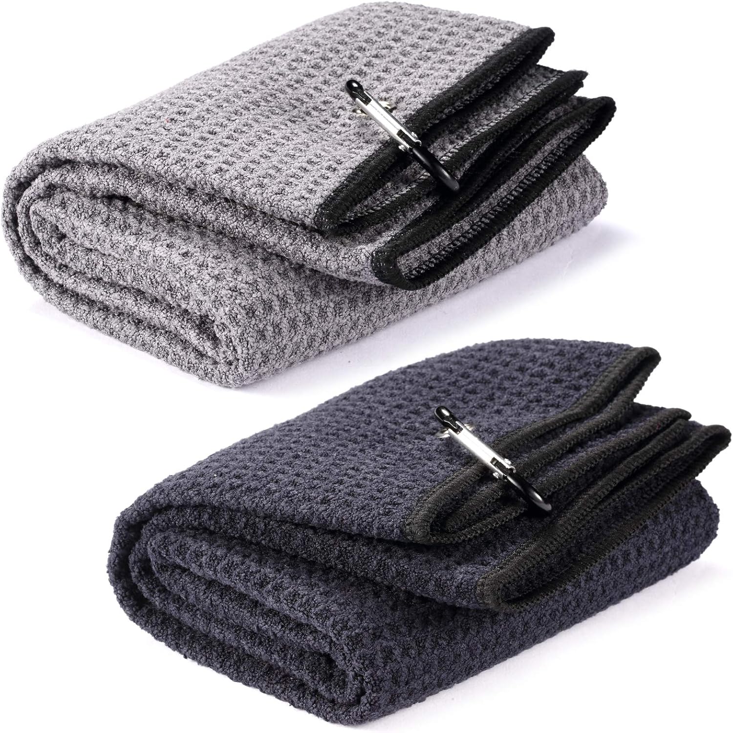 2 Pack 16" x 24" Tri-fold Golf Towel Set, Microfiber Fabric Waffle Pattern Towels, Heavy Duty Carabiner Clip (2 Pcs, 2 Colors) 1: All Black + Grey (Black Edge)
