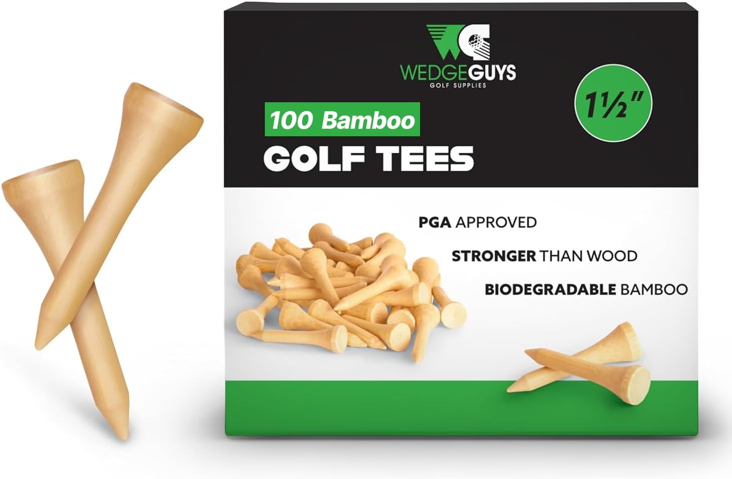 Bamboo Golf Tees 1-1/2" - 100 pcs - - Extra Durable & Stronger Than Wood Tees - Biodegradable & Less Friction - PGA Professional Approved, Golf Tees Bulk Bag