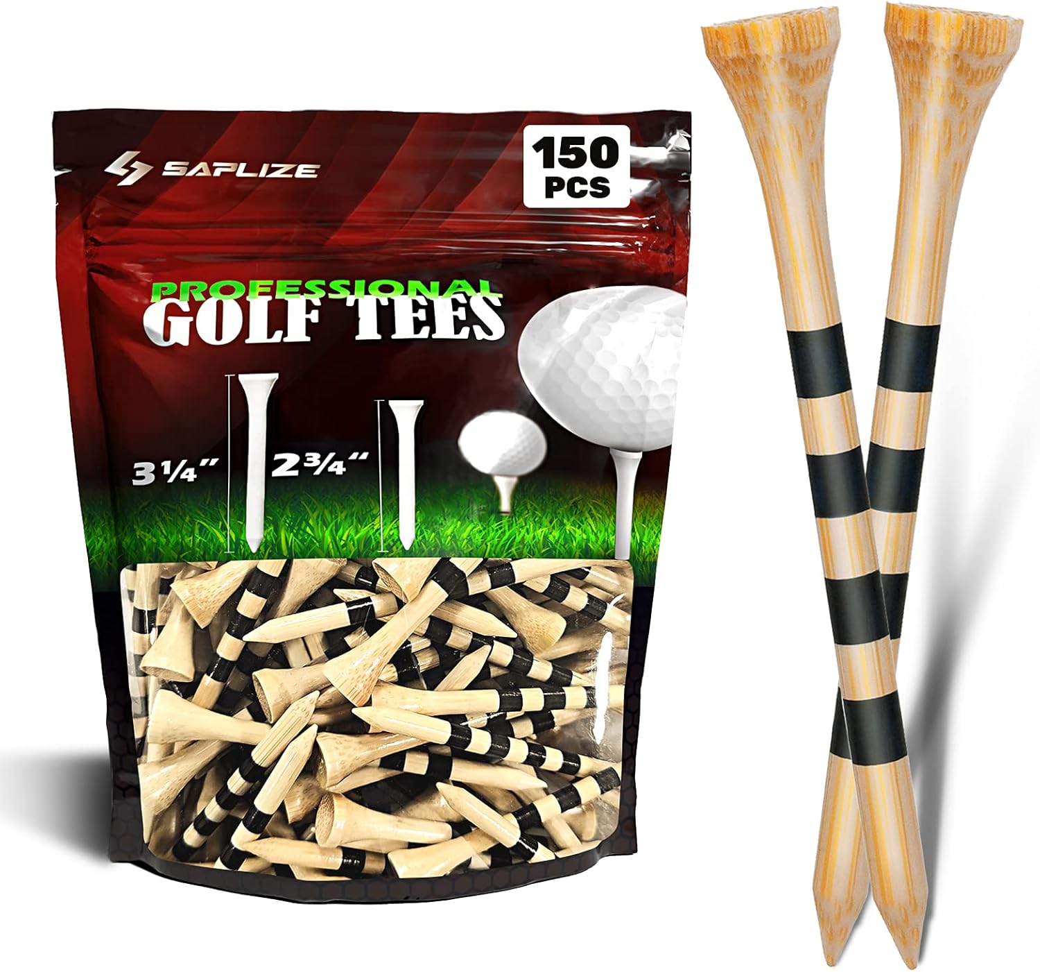 Bamboo Golf Tees Pack of 100 or 150, Four Size Options (3-1/4", 2-3/4", 2-1/8", 1-1/2"), Stable and Reliable Golf Tees, Available in Natural Color