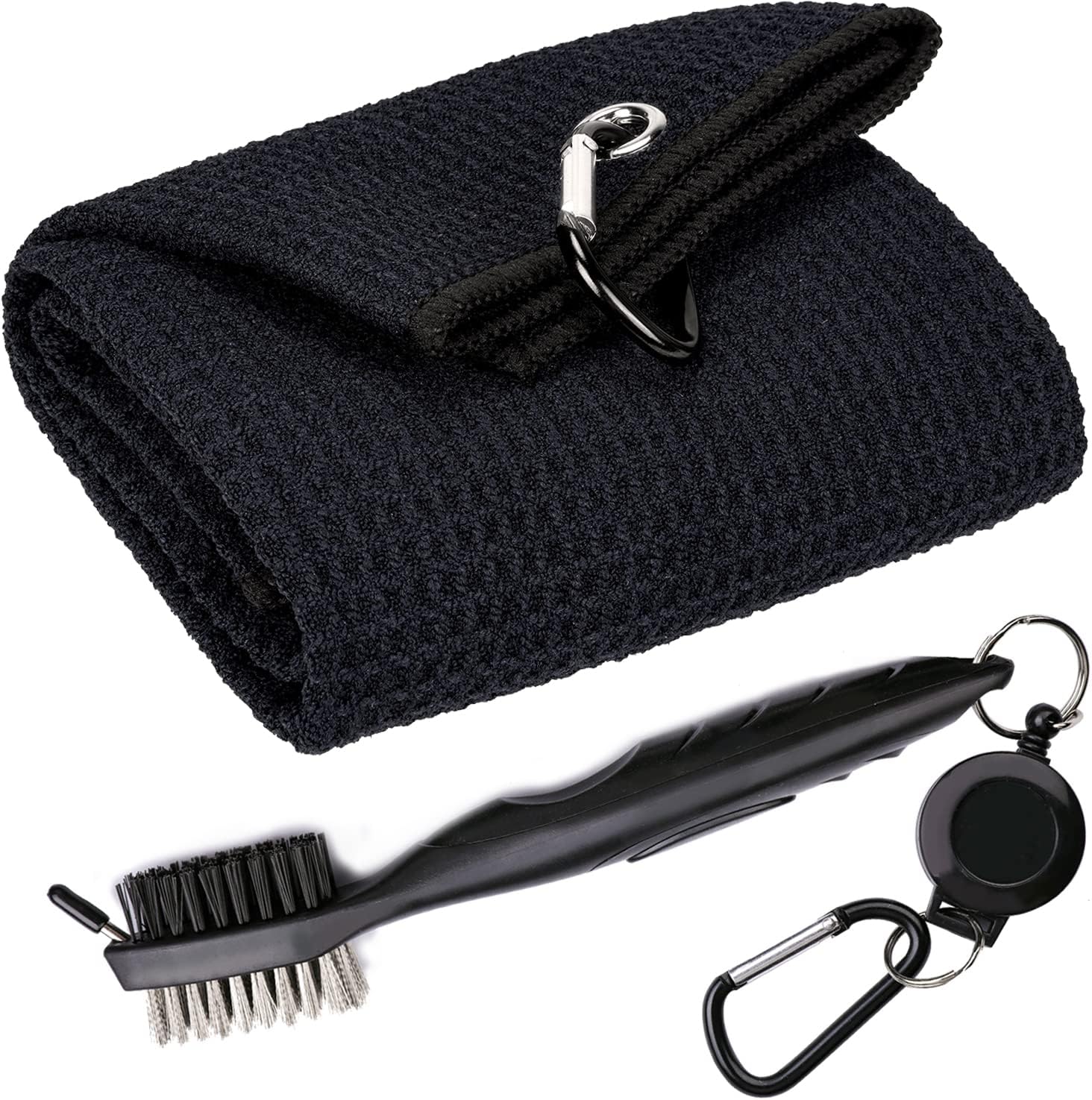 Golf Towels, Microfiber Waffle Pattern Tri-fold Golf Towel - Brush Tool Kit with Club Groove Cleaner, with Clip Men Women Golf Gifts (Black Towel+Black Brush)
