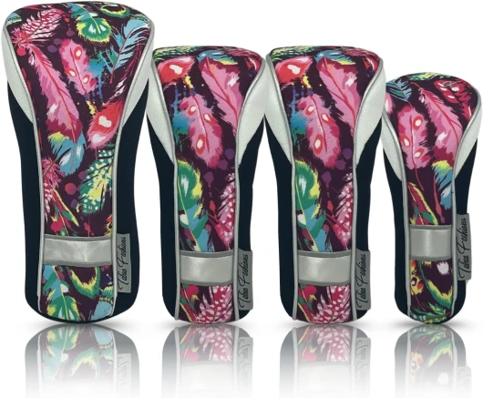 Womens Designer Golf Club Covers 4 Pack - Taboo Fashions Numbered Headcovers for Driver Woods & Hybrid - Weather/Moisture Resistant Protection Red, Pink, Green, Blue, Purple, Tropical