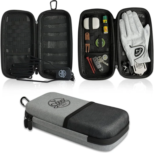 Accessory Case - Golf Bag Organizer - Airtight, Water-Resistant, Protective Hard Case for Phone, Tees, Ball Markers, Repair Tools, and Golf Essentials - Removable Golf Glove Hanger/Dryer Grey