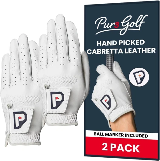 PUR3 2 Pack Golf Gloves Men - Real Genuine Cabretta Leather Glove - Super Soft Feel - Ball Marker Included - Mens Golf Gloves Left Hand or Right Hand Worn on Right Hand (For Left Handed Golfers) Large