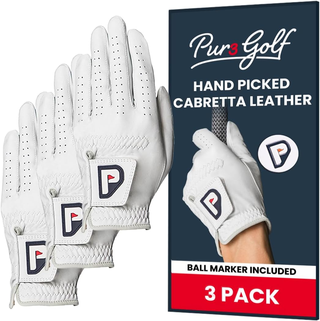 PUR3 3 Pack Golf Gloves Men Right Handed & Left Handed Golfer - Premium Cabretta Leather - Super Soft Feel - Men's Golf Glove with Ball Marker Large Worn on Right Hand (For Left Handed Golfers)