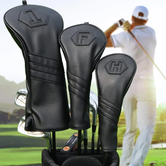 Golf Club Head Covers for Woods and Drivers, Premium Golf Headcovers Set Fit Most Clubs Simple Striped 1PC or 3PCS, Customizable All Black - 3PCS