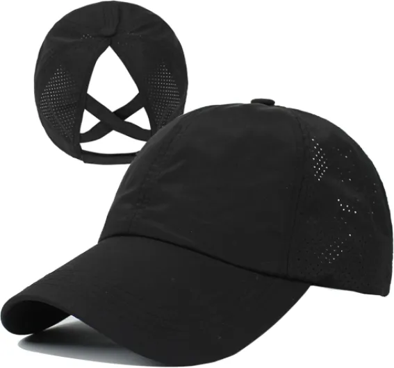 HGGE Womens Criss Cross Ponytail Baseball Cap Adjustable High Messy Bun Ponycap Quick Drying Hat One Size Black