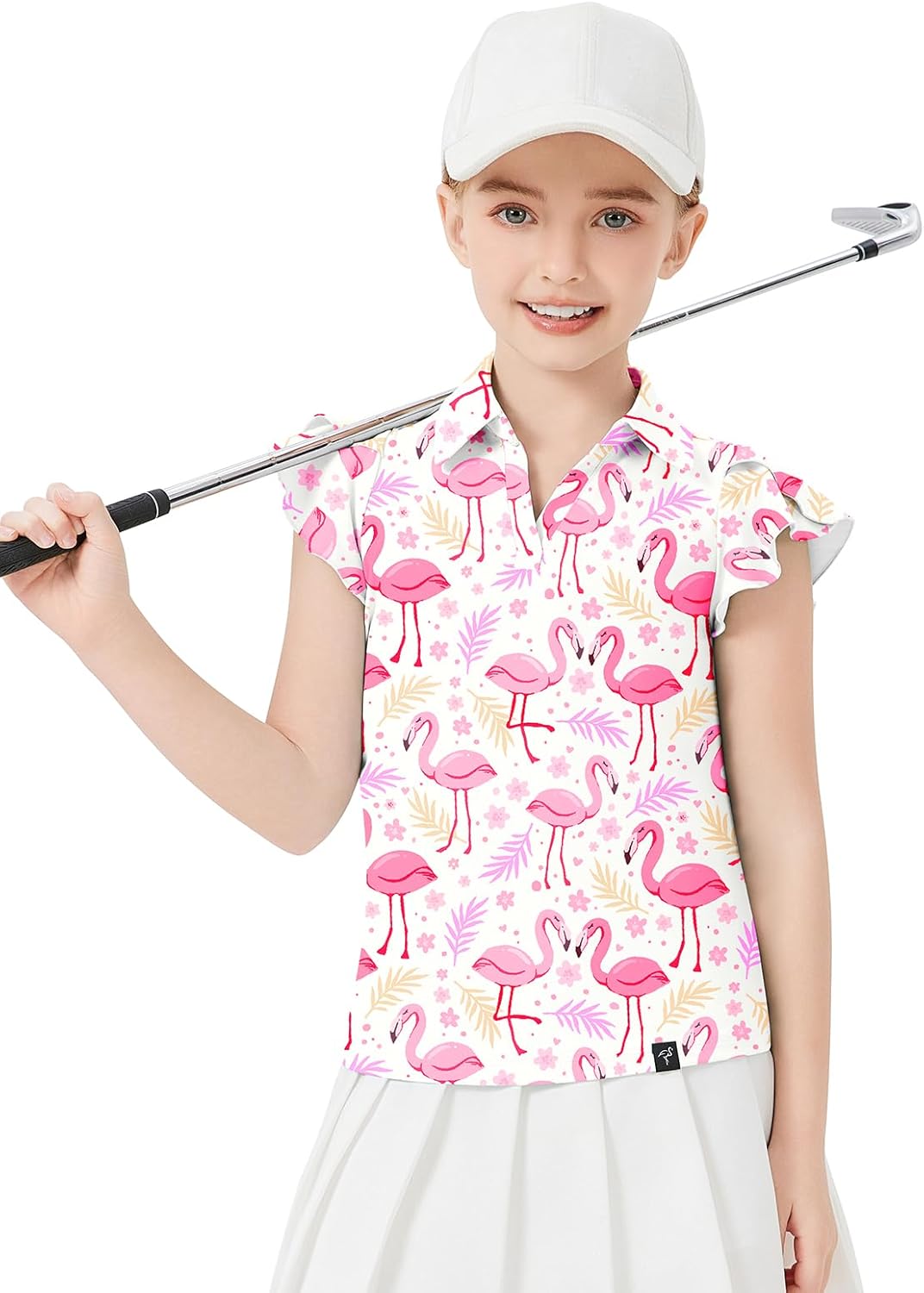 Girls Sleeveless Golf Polo Shirts V Neck Ruffle Sleeve Tennis Shirts Pickleball Golf Tank Tops for Age 4-16 Years X-Large 68-pink Flamingoes