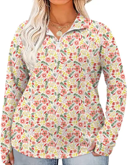 Womens Plus Size Workout Tops Long Sleeve 1/4 Zip UV Sun Protection Quick Dry Hiking Athletic Shirts Rash Guard UPF 50+ White Pink Floral 4X-Large