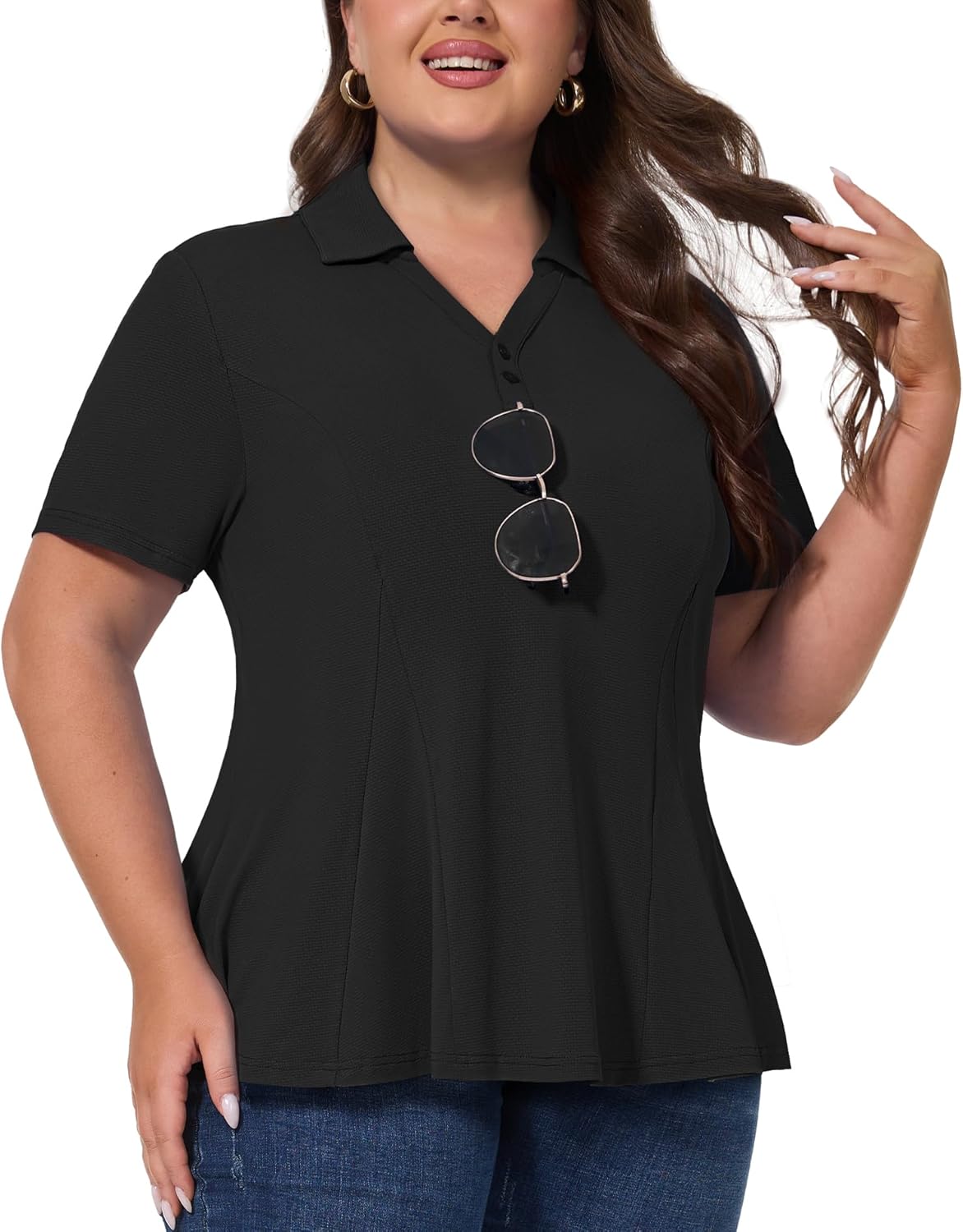 Women's Plus Size Golf Polo Shirt with Sunglasses Holder UPF 50+ Tunic Tops Casual Workout Work Shirts Black XX-Large Plus