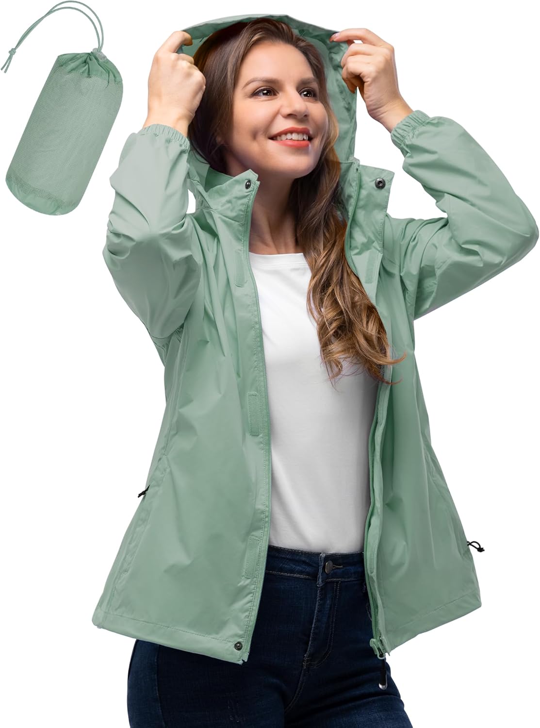 33,000ft Women's Rain Jacket Waterproof Lightweight Packable Raincoat with Hood for Golf Hiking Travel Windbreaker Medium Light Green