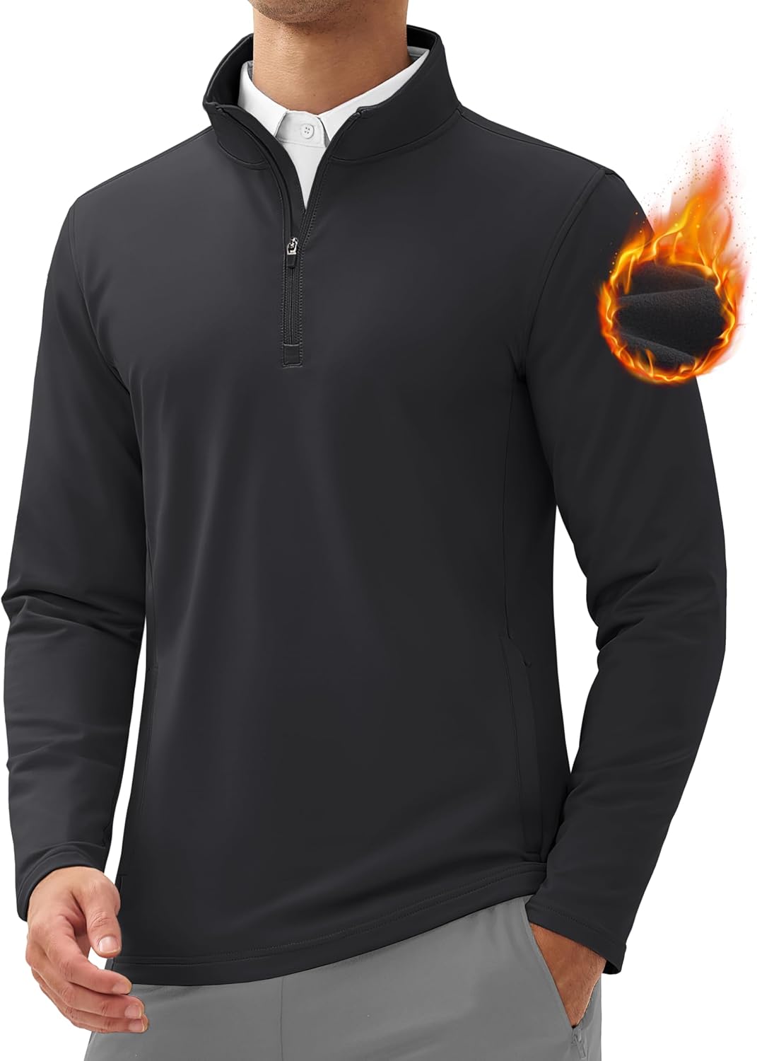 Quarter Zip Pullover Men 1/4 Zip Golf Jacket Fleece Lined Water Resistant Sweatshirt 2 Zipper Pockets Winter Black X-Large