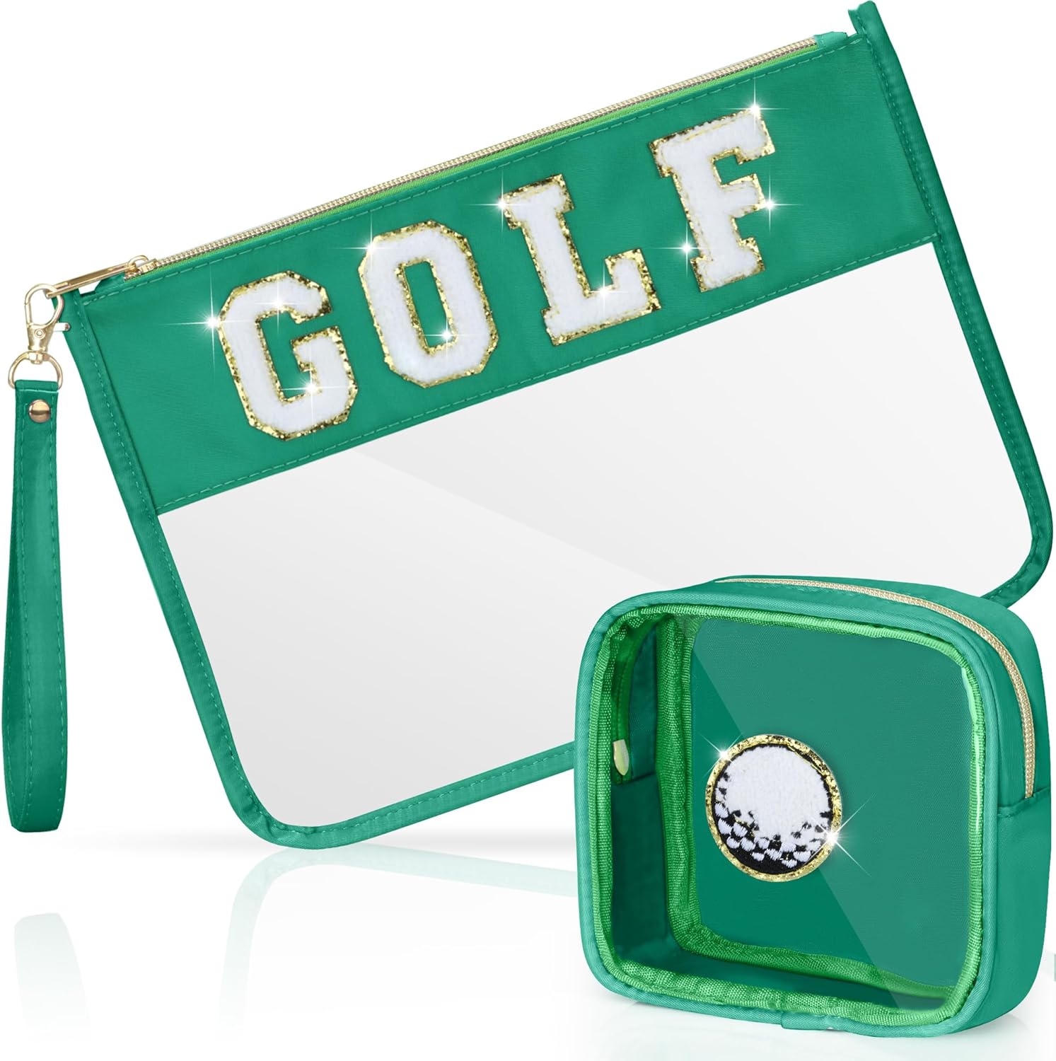 2 Pcs Golf Gifts Cosmetic Makeup Bag with Chenille Letter Patch, Clear Pouch PVC Organizer Purse, Waterproof Travel Bag, Portable Toiletry Storage Bag for Her Girls Friends Women GOLF-Green