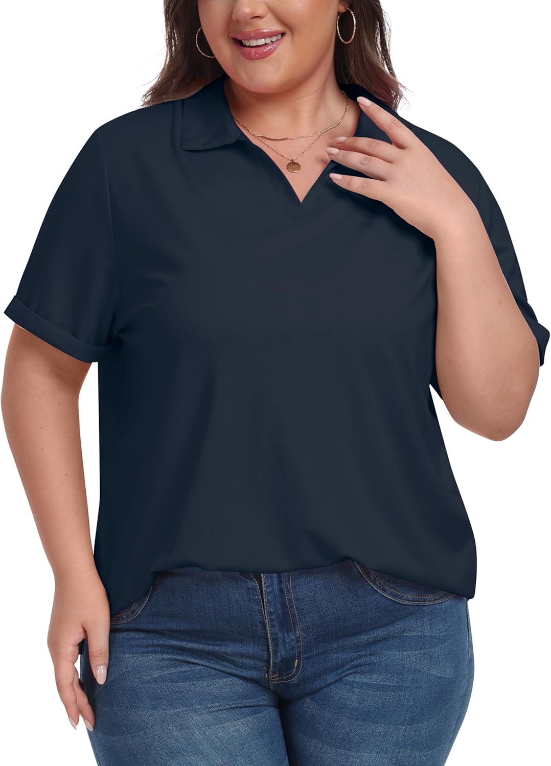 Women's Plus Size Golf Polo Shirts Loose Fit Short Sleeve V-Neck Tennis Workouts Tops, XL-5XL Navy Blue 3X-Large Plus