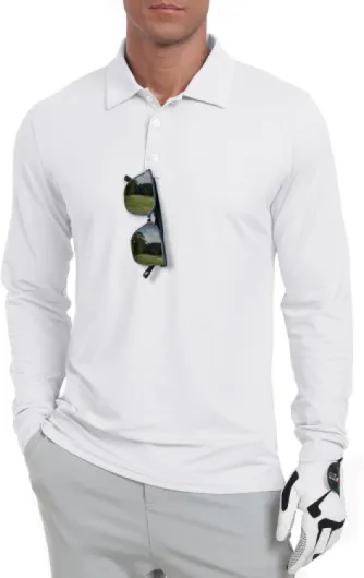Askdeer Men's Golf Polo Shirts Long Sleeve UPF 50+ Performance Collar Shirts Lightweight Summer Casual Quick Dry Tee Large A02 White