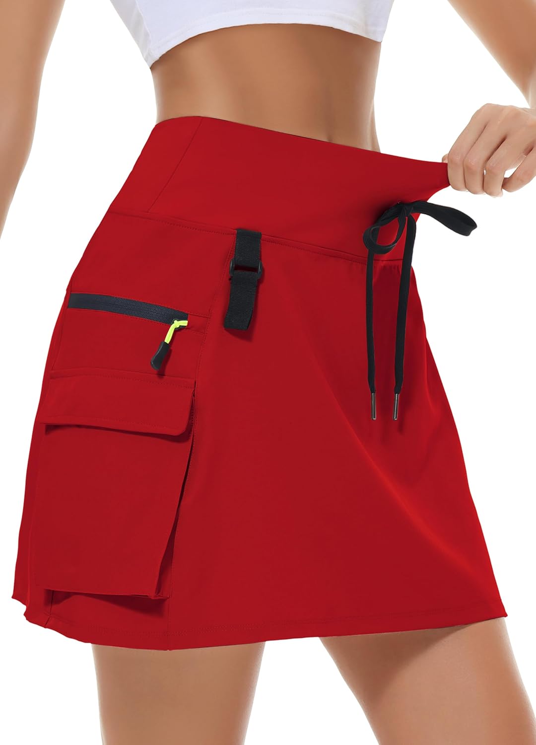 Women's Hiking Cargo Skort Skirt High Waisted Golf Dressy Casual with Zipper Pockets Workout Sport Quick Dry Skirts Red Large