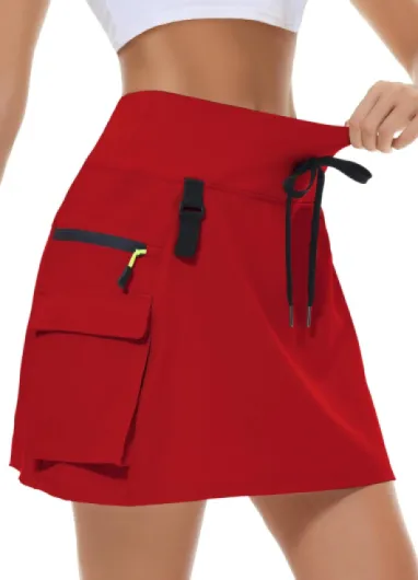 Women's Hiking Cargo Skort Skirt High Waisted Golf Dressy Casual with Zipper Pockets Workout Sport Quick Dry Skirts Red Large