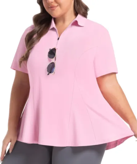 Women's Plus Size Golf Polo Shirts Short Sleeve Collared Tennis Workout Tops Loose Fit UPF 50+ Pink X-Large Plus
