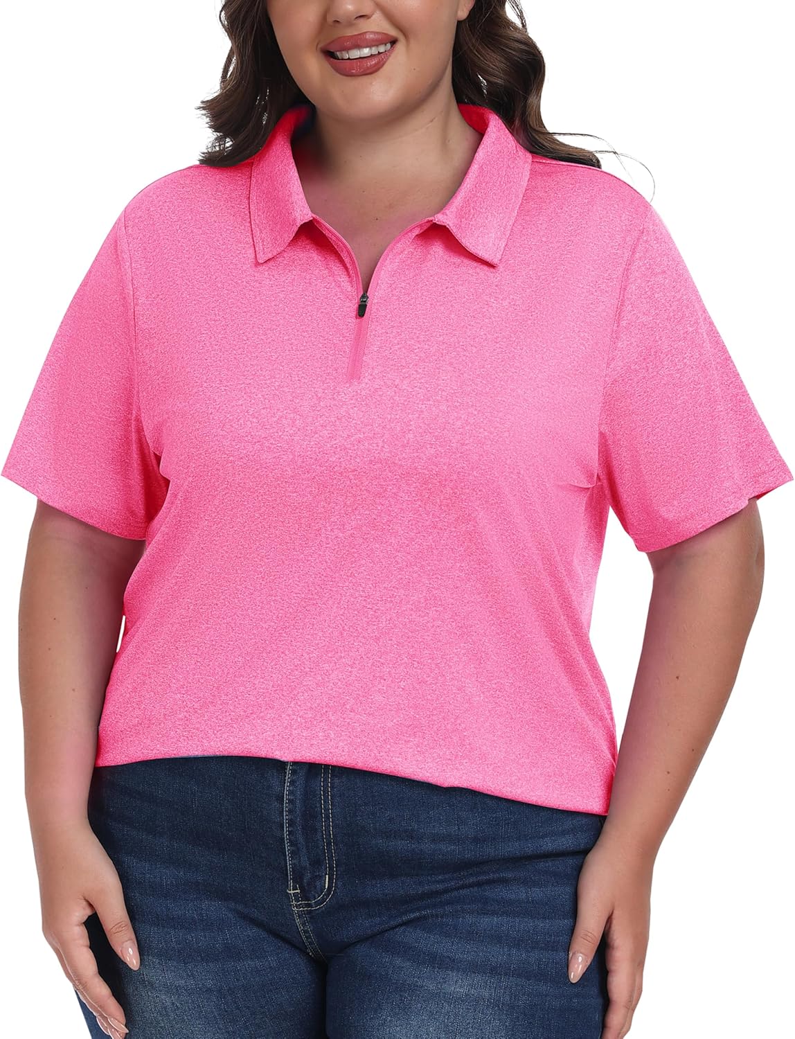 Plus Size Golf Polo Shirts for Women Zip Up Short Sleeve Collared Tennis Workout Tops Sport Athletic Activewear XL-5XL Rose Red 4X-Large Plus