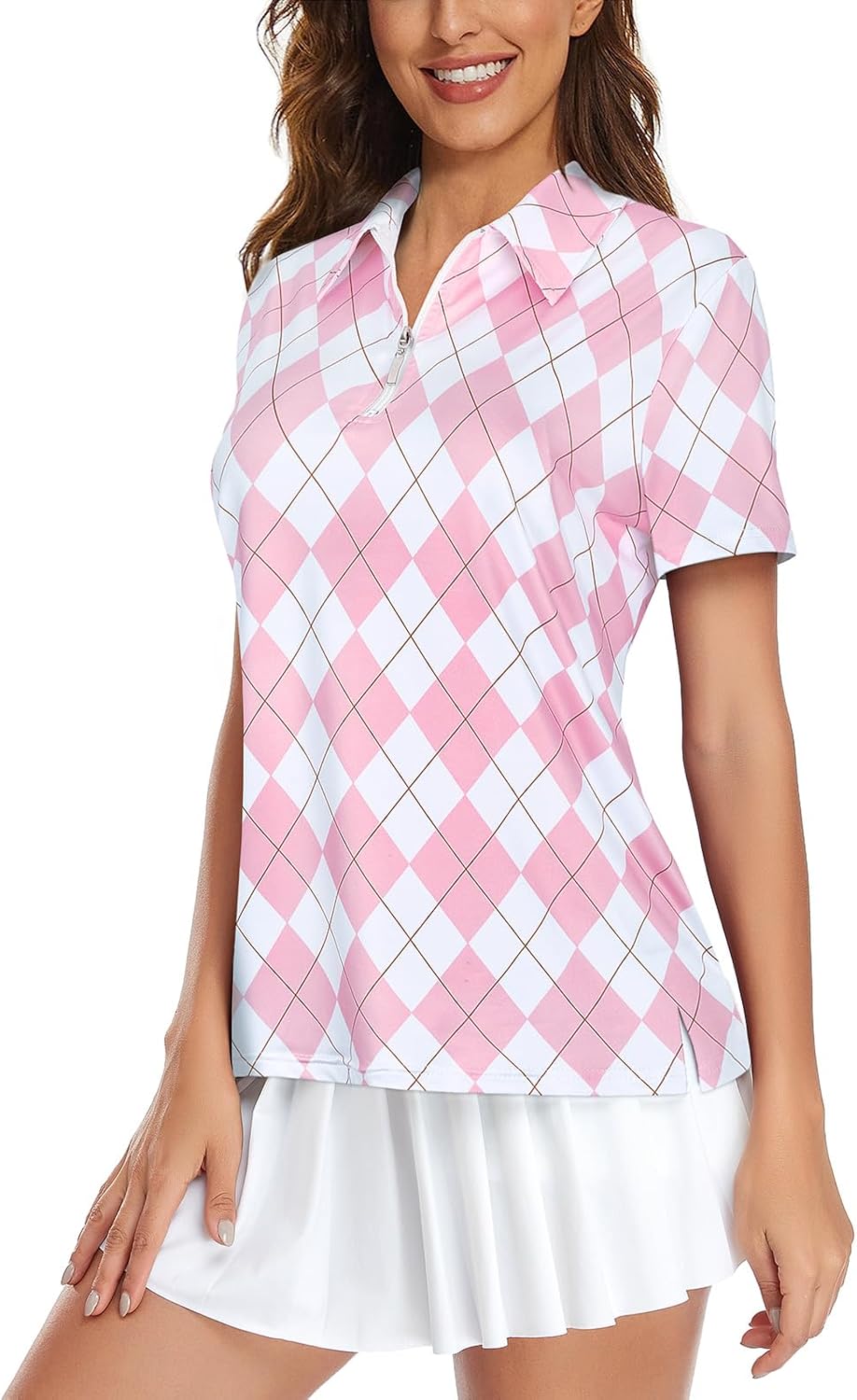 Womens Golf Shirt UPF50+ Sun Protection Short Sleeve 1/4 Zip Up Polo Workout Tops Fast Dry Fit Moisture Wicking 3X-Large Pink Plaid