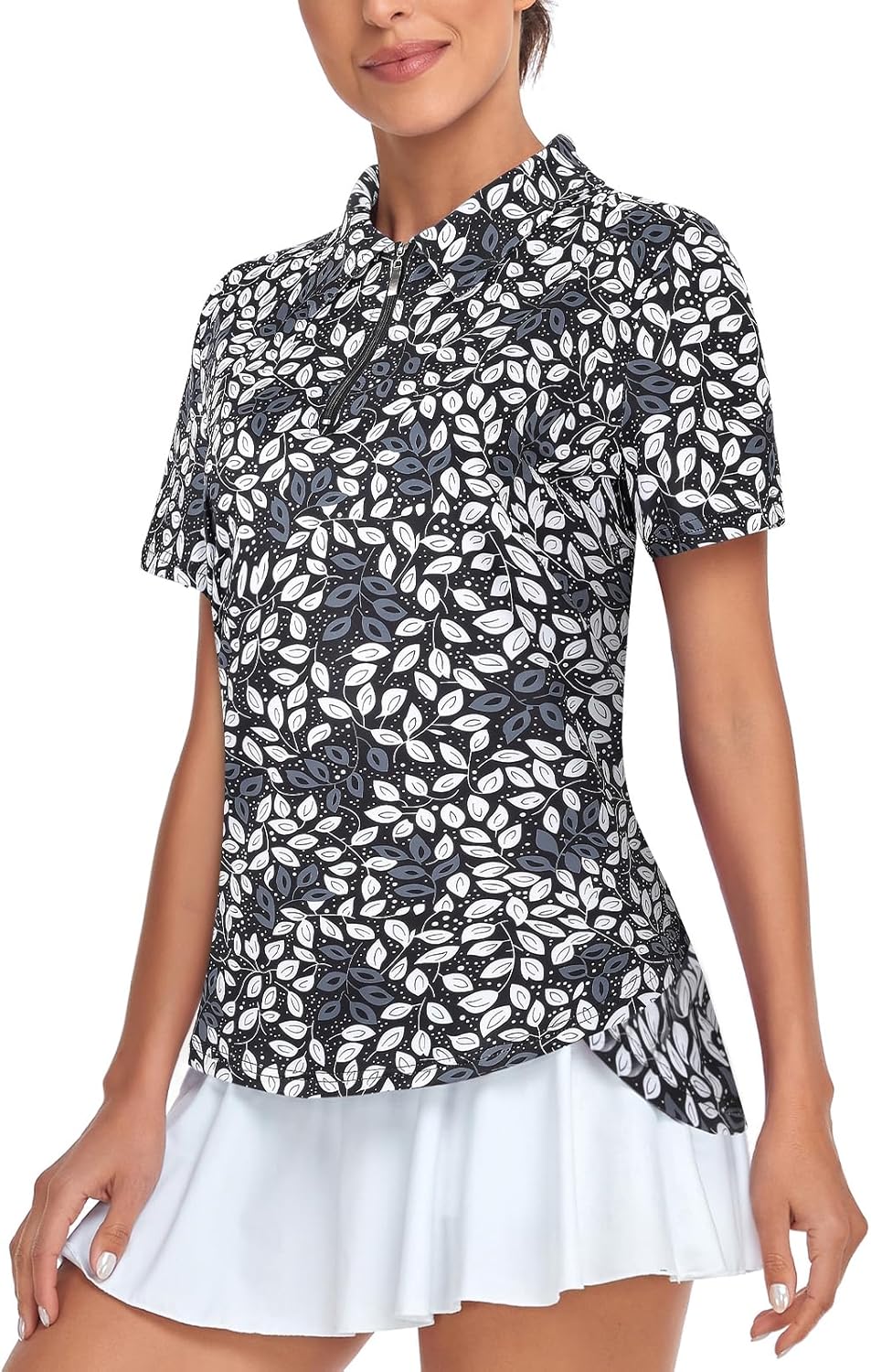 Women's Golf Polo Shirts Short Sleeve Quarter Zip Pullover Moisture Wicking Workout Tops 3X-Large A-black Leaf