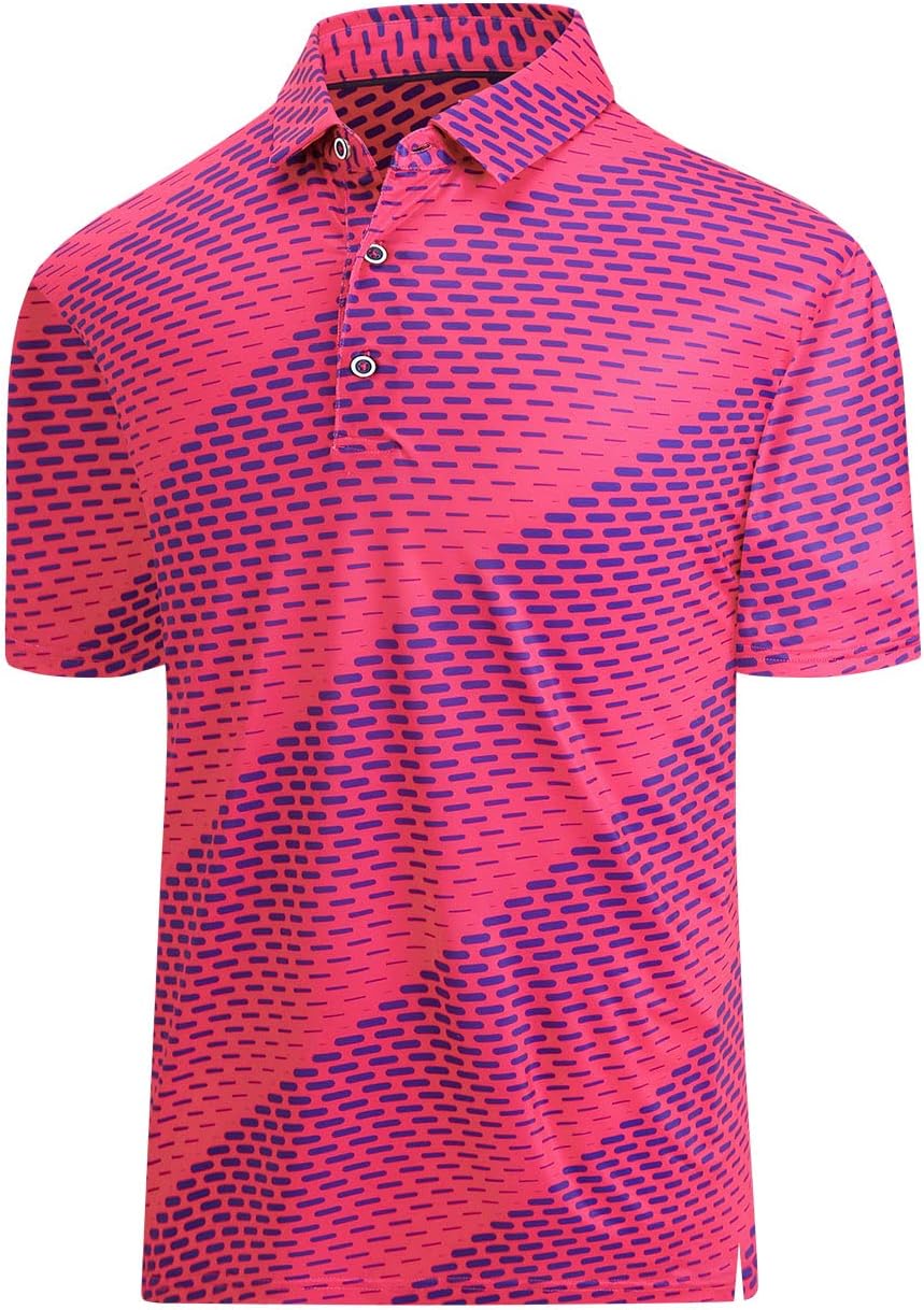 Golf Shirts for Men Dry Fit Print Moisture Wicking Performance Short Sleeve Polo Shirt Medium Pink Geometric