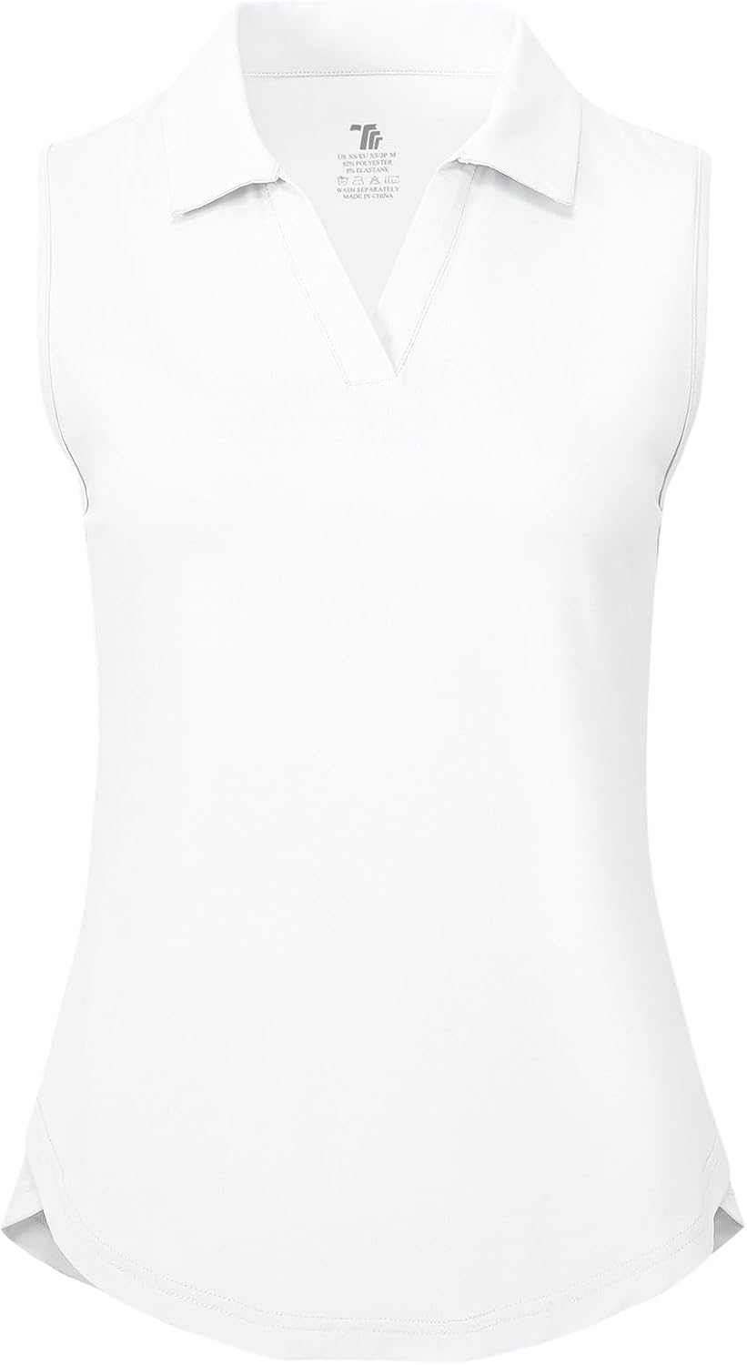 Women's Sleeveless Golf Polo Shirts Collared V Neck Tennis Tank Tops UPF 50+ Quick Dry Lightweight Medium 01-white