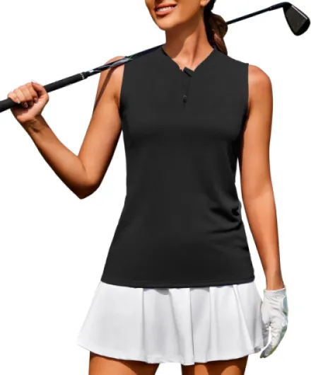 COOrun Womens Golf Shirt Collarless Polo Tank Tops with 1/4 Zip Sleeveless Athletic Tennis Shirts for Women Large 02 Black
