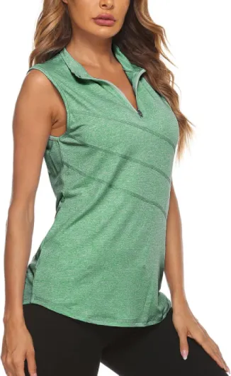 Women's Sleeveless Golf Tennis Polo Shirts Zip Up Dry Fit Workout Tank Tops Athletic Shirt Deep Green Large