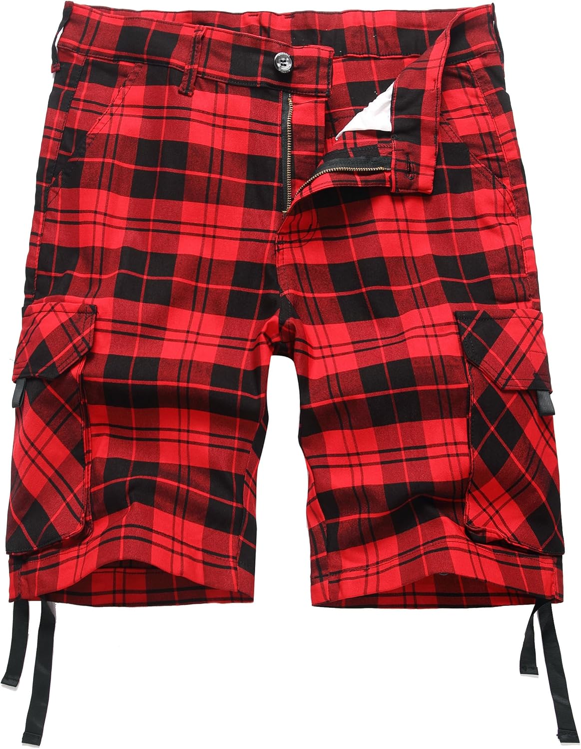 Plaid Shorts Men Classic Regular Fit Plaid Cargo Short Multi-Pocket Outdoor Shorts Black Red Plaid 36