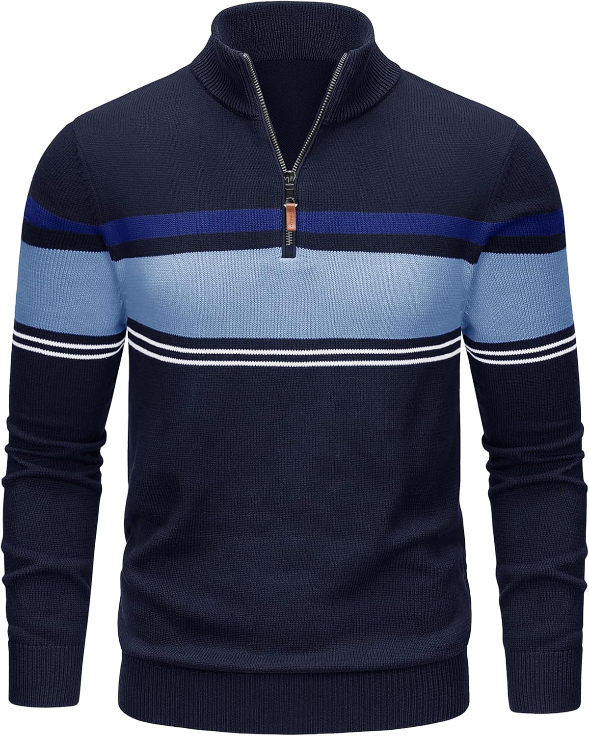 Men's Quarter Zip Sweaters Cotton Pullover Sweater Striped Casual Fall Winter Warm Pullover Sweatshirts Navy Lack Blue Medium