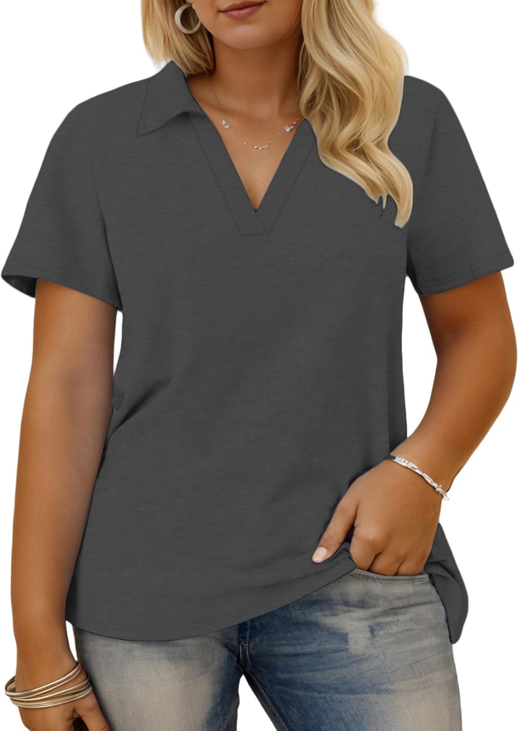 Plus-Size-Summer-Tops for Women Collared V Neck Polo Shirts Flowy Tunics Trendy Short Sleeve Blouses 1X-5X 06 dark Grey 3X-Large Plus