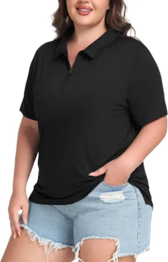 Plus Size Golf Polo Shirts for Women Zip Up Short Sleeve Collared Tennis Workout Tops Sport Athletic Activewear XL-5XL Black 3X-Large Plus
