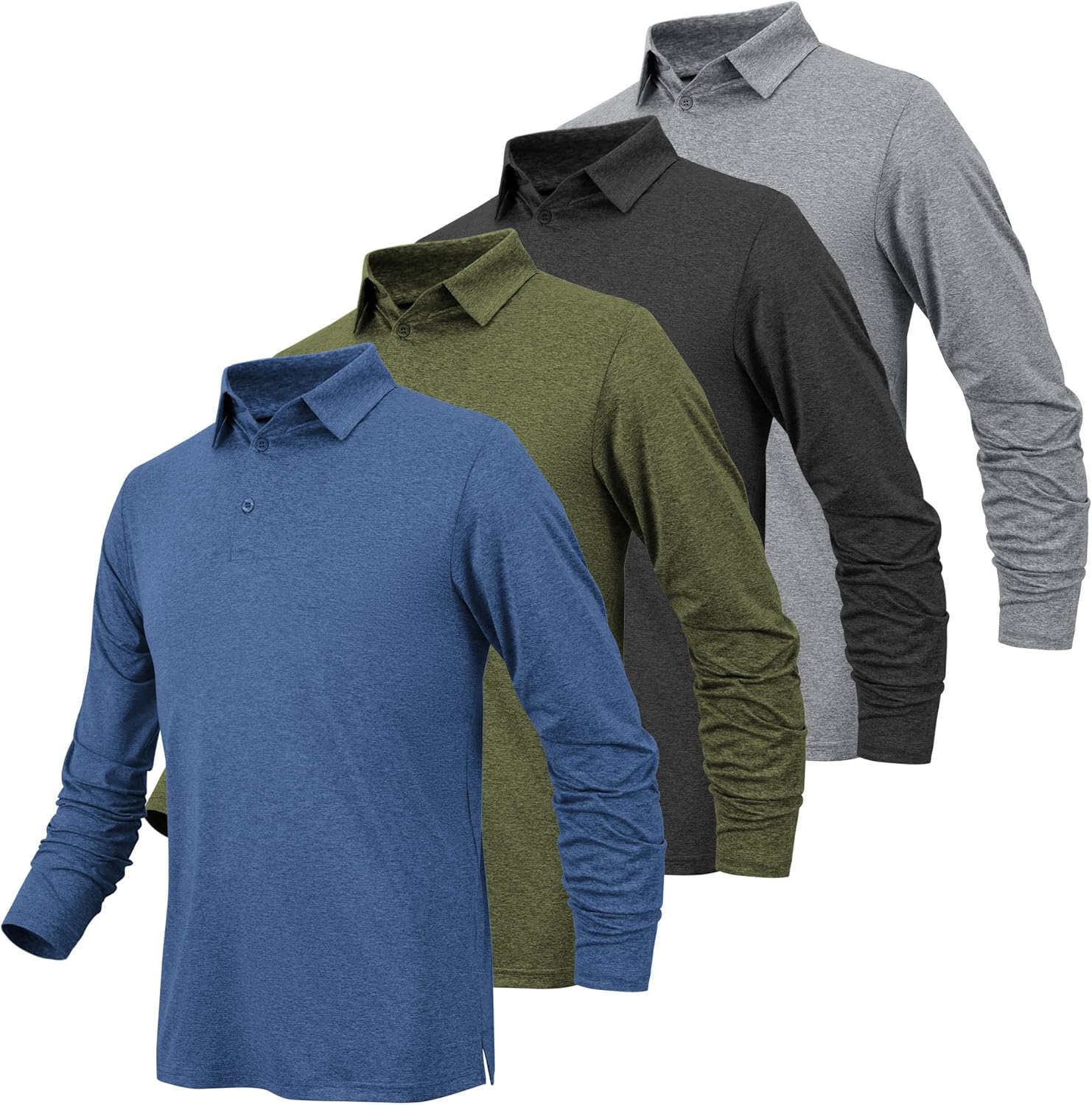 Long Sleeve Polo Shirts for Men Moisture Wicking Mens Long Sleeve Polo Shirts Quick Dry Golf Polos for Men Large 4 Pack Middle Blue & Army Green & Black & Grey