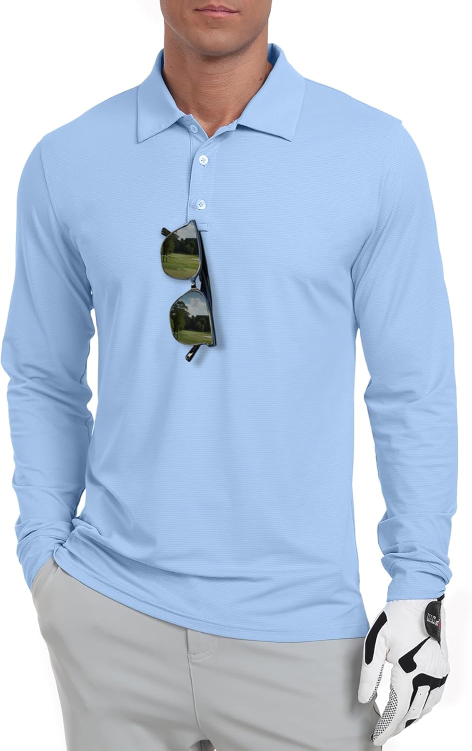 Askdeer Men's Golf Polo Shirts Long Sleeve UPF 50+ Performance Collar Shirts Lightweight Summer Casual Quick Dry Tee Large A03 Light Blue