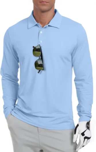 Askdeer Men's Golf Polo Shirts Long Sleeve UPF 50+ Performance Collar Shirts Lightweight Summer Casual Quick Dry Tee Large A03 Light Blue