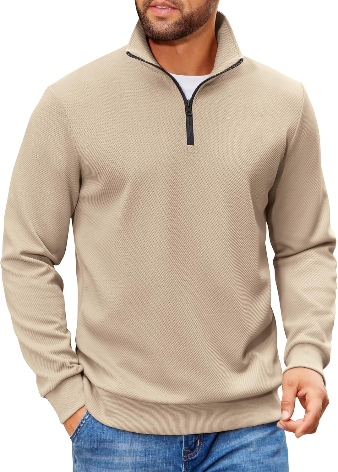 Mens Quarter Zip Pullover Sweatshirts Lightweight Long Sleeve Mock Neck Sweater Polo Large Khaki